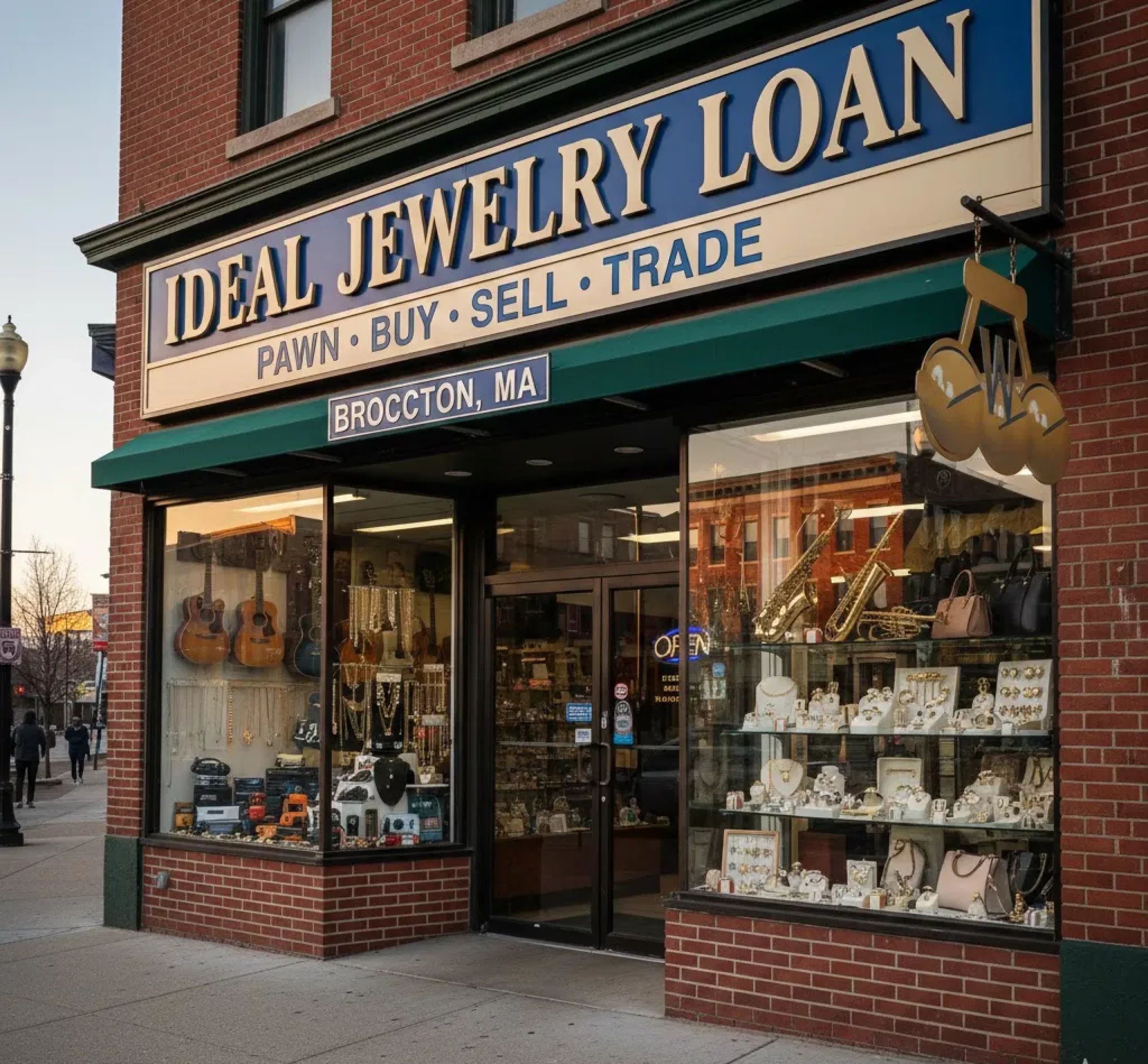 Brockton MA A storefront with a sign reading 'Ideal Jewelry Loan' and a window display of various jewelry and musical