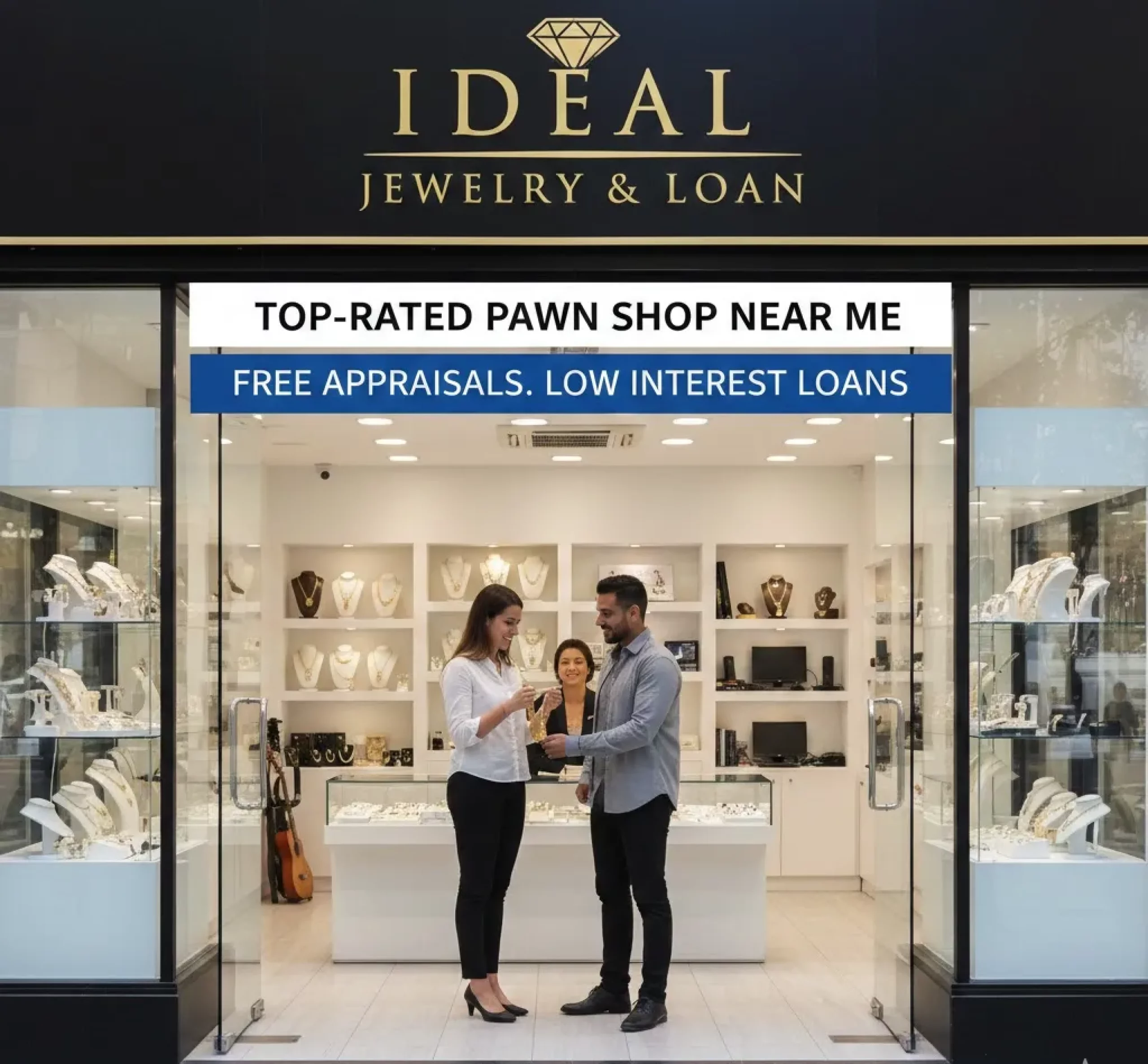 A man and a woman in a pawn shop in Brockton MA, examining a gold necklace with a woman in a white shirt