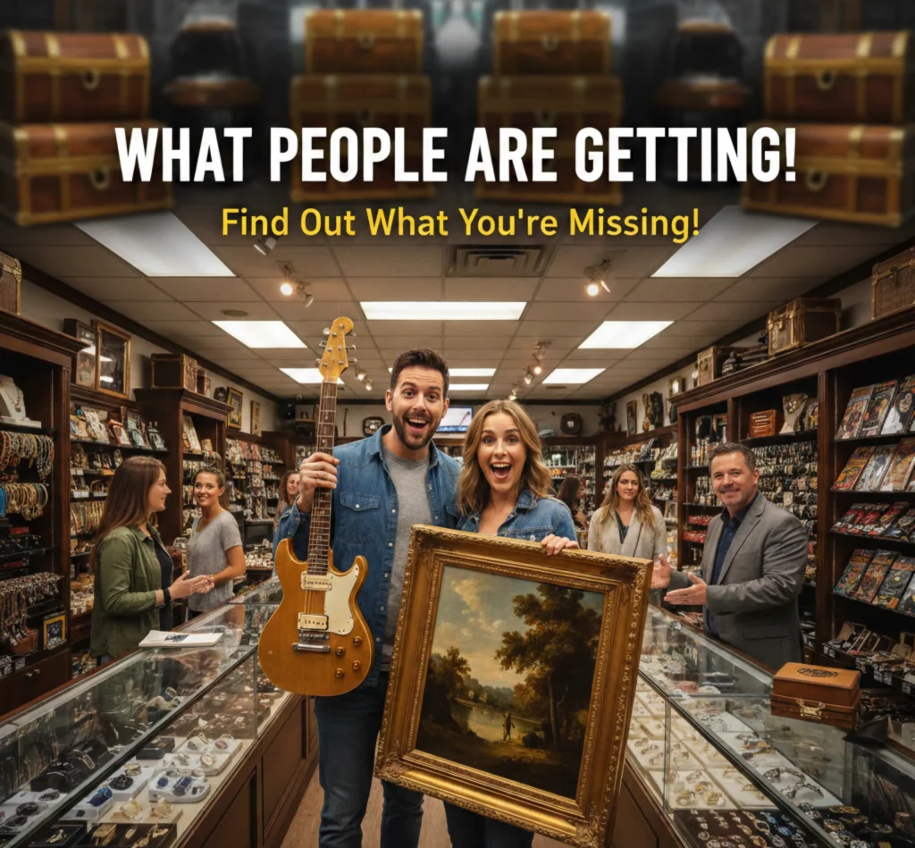 Brockton MA A man and woman hold a painting and a guitar in a store