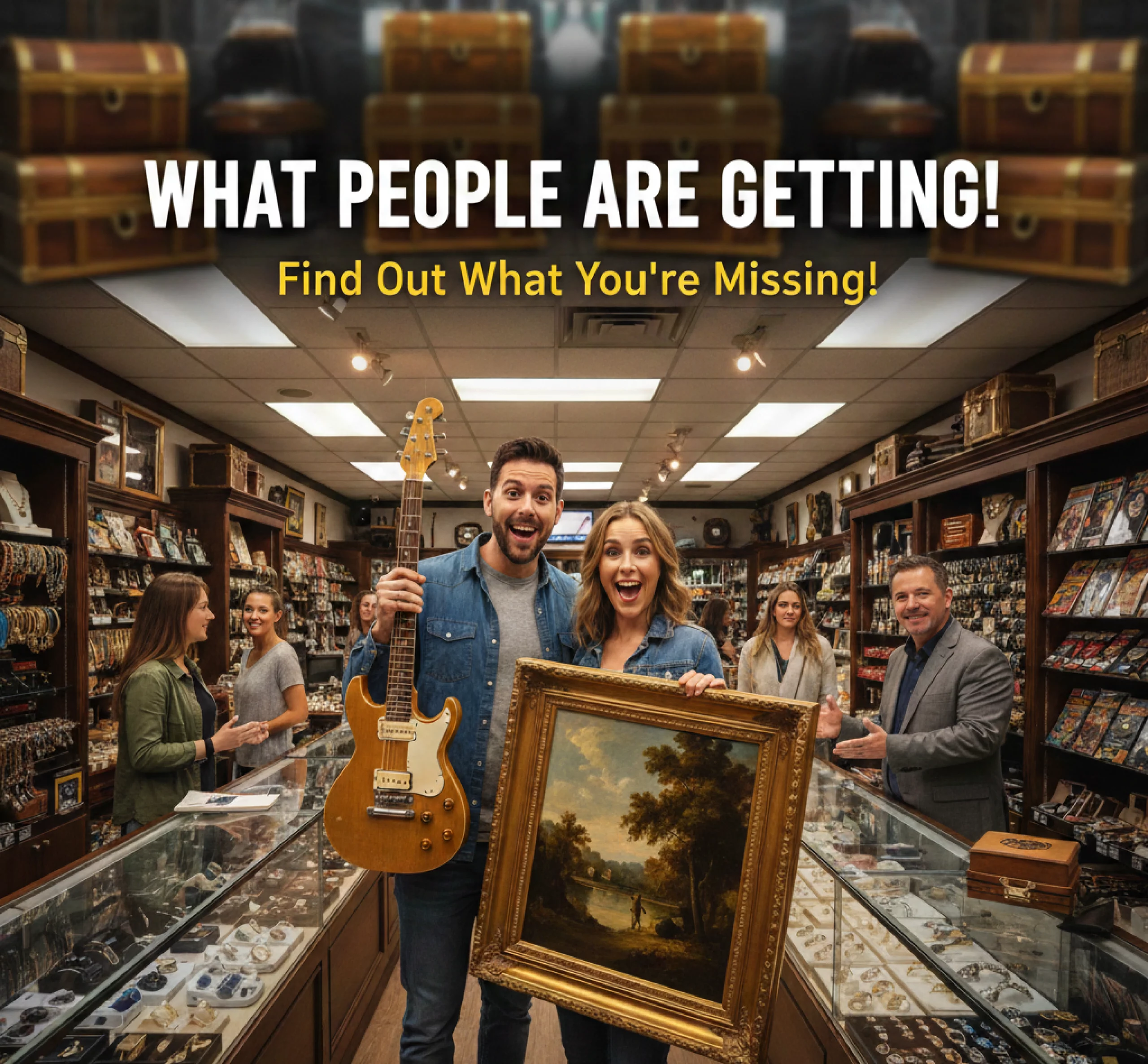 Brockton MA A man and woman hold a painting and a guitar in a store