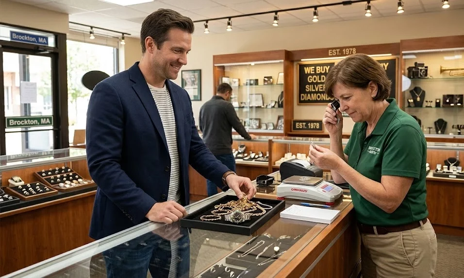 A man in a blue blazer and white shirt is standing behind a counter in a pawn shop in Brockton MA, holding a gold chain in