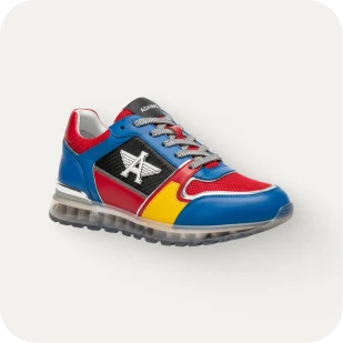 Brockton MA A colorful, high-top sneaker with a red, blue, and yellow design