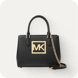 Brockton MA A black handbag with a gold chain and a gold logo with the letters 'MK' inside a square, set against a white