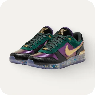 Brockton MA A pair of Nike Air Force 1 sneakers in a metallic purple and gold color scheme, with a green laces and a black