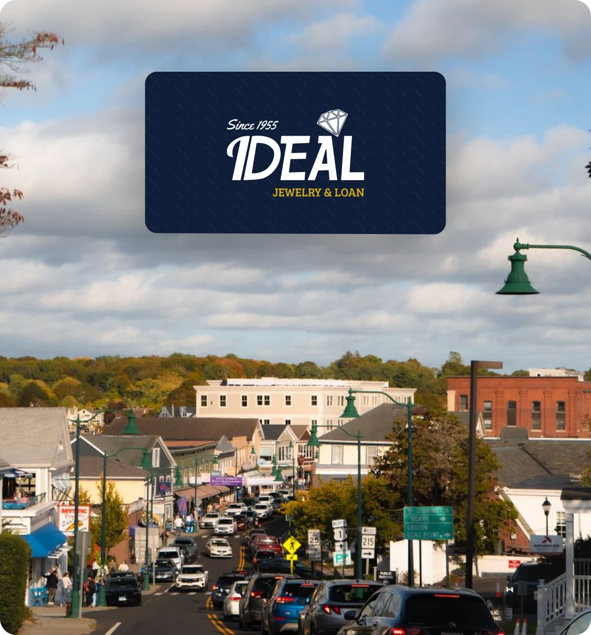 Brockton MA Aerial view of a small town with a main street lined with shops and restaurants