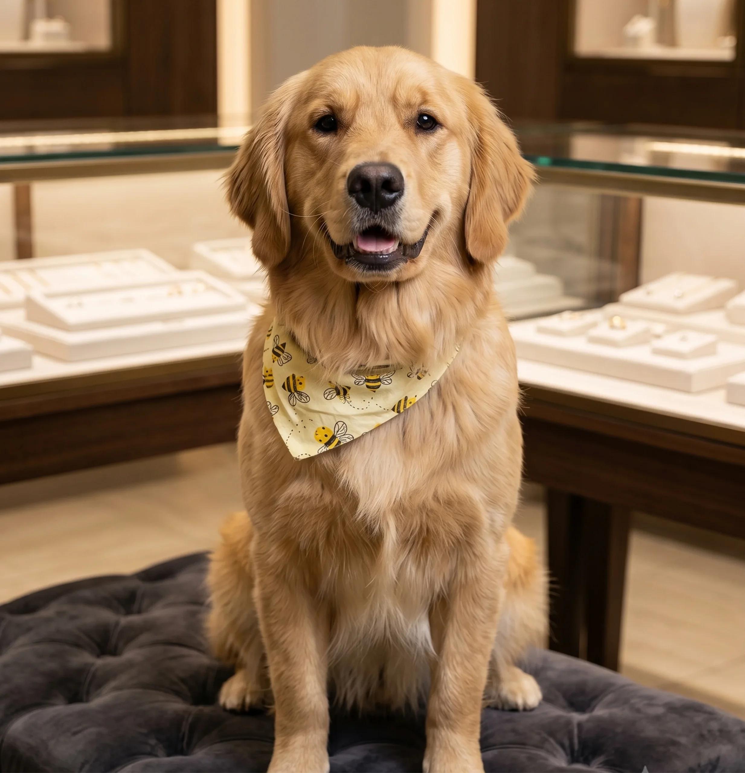 Brockton MA A golden retriever sitting on a velvet bench in a jewelry store