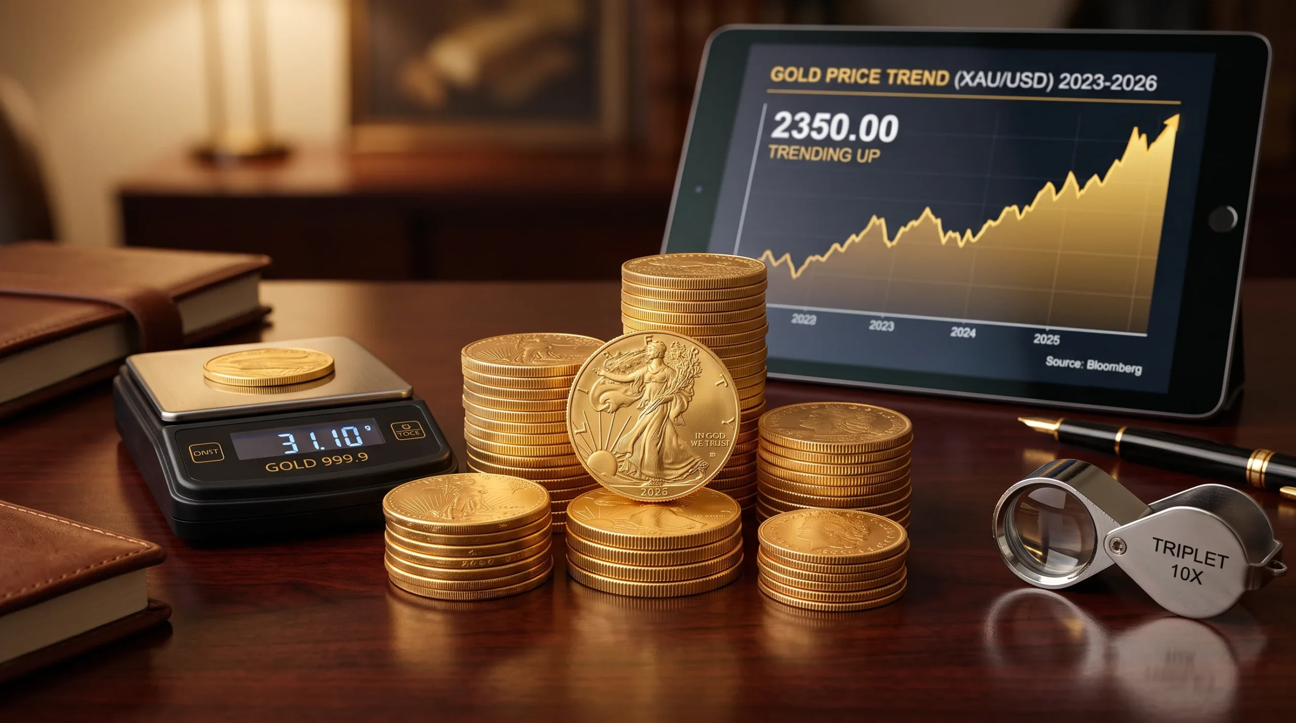 Gold bullion coins stacked on a desk next to a digital scale and loupe for valuation.