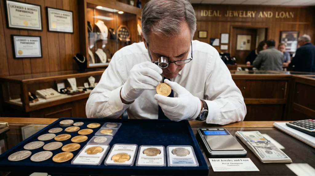 A man in a white shirt and gloves examines a gold coin through a magnifying glass at a pawn shop in Brockton MA