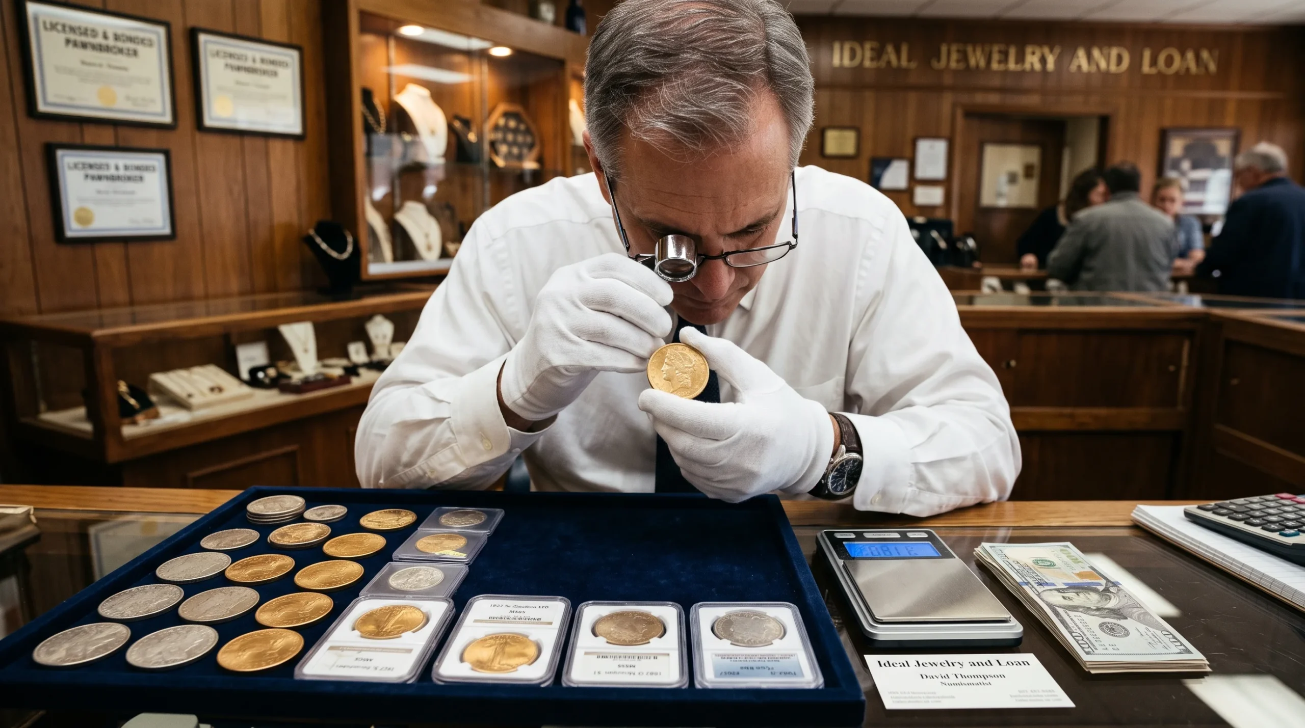 A man in a white shirt and gloves examines a gold coin through a magnifying glass at a pawn shop in Brockton MA