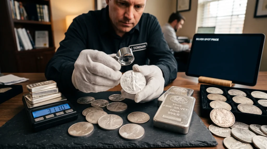 A man in a black shirt and white gloves examines a coin through a magnifying glass at a pawn shop in Brockton MA, surrounded